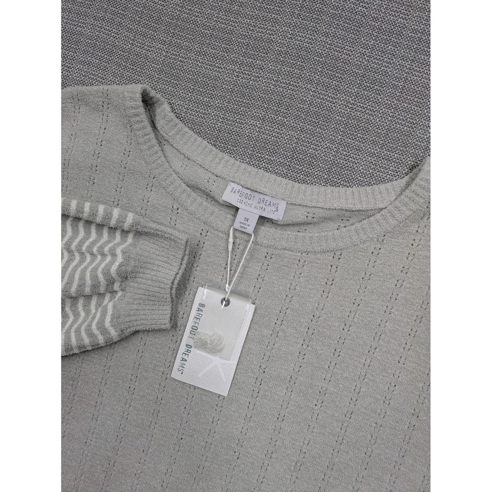 Barefoot Dreams Sweater Womens 1X Gray CozyChic Ultra Lite Stripe Sleeve Knit
